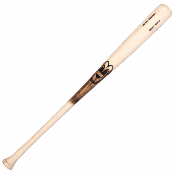 Wooden baseball bat with engraved logo.
