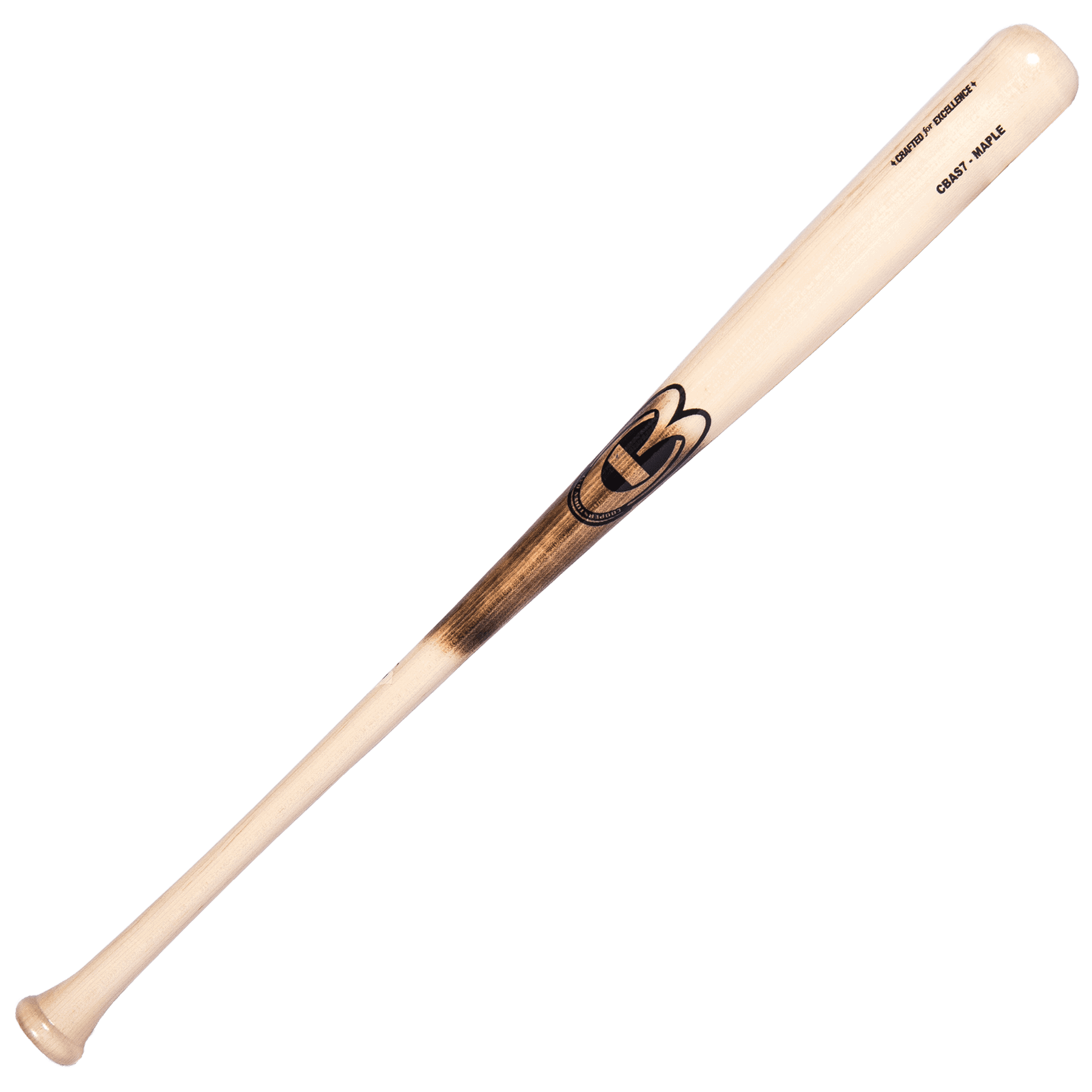 Wooden baseball bat with engraved logo.