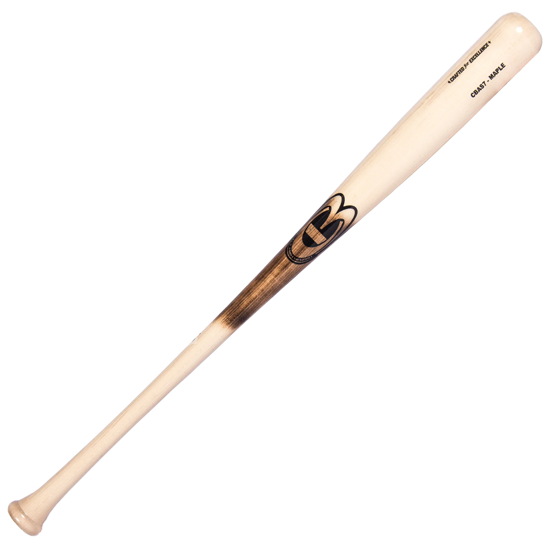 Wooden baseball bat with engraved logo.