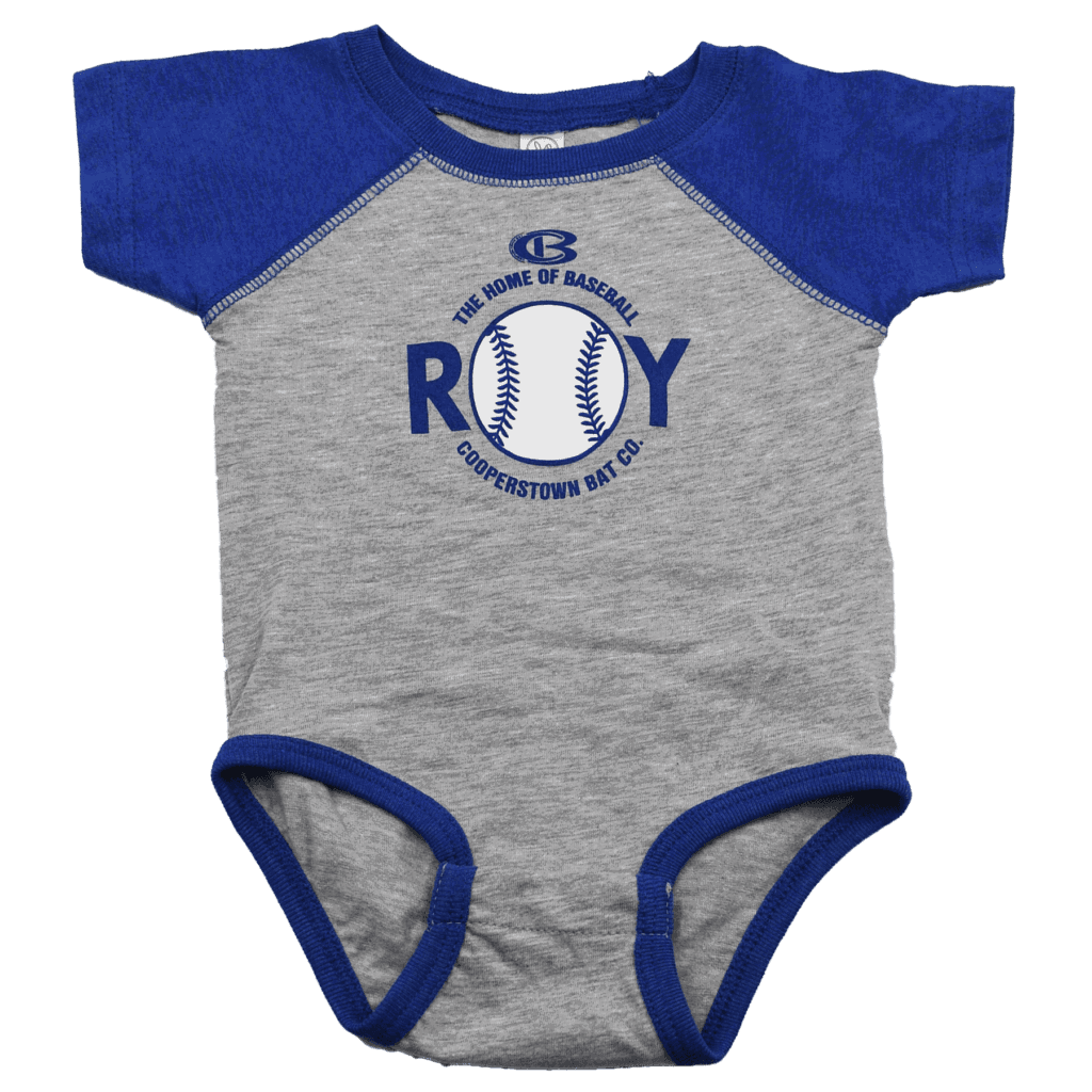 Gray and blue baseball-themed Rookie of the Year baby onesie