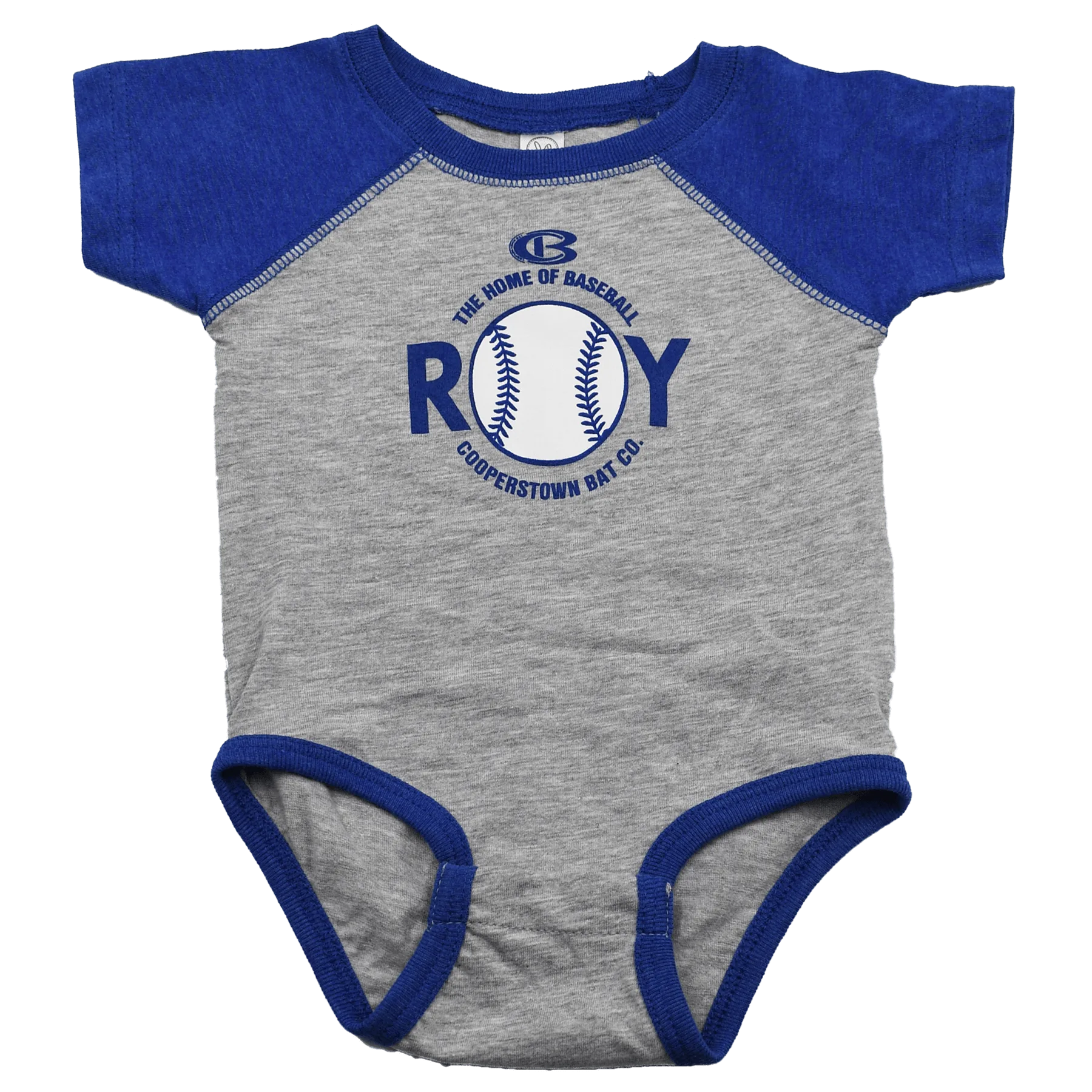 Gray and blue baseball-themed Rookie of the Year baby onesie