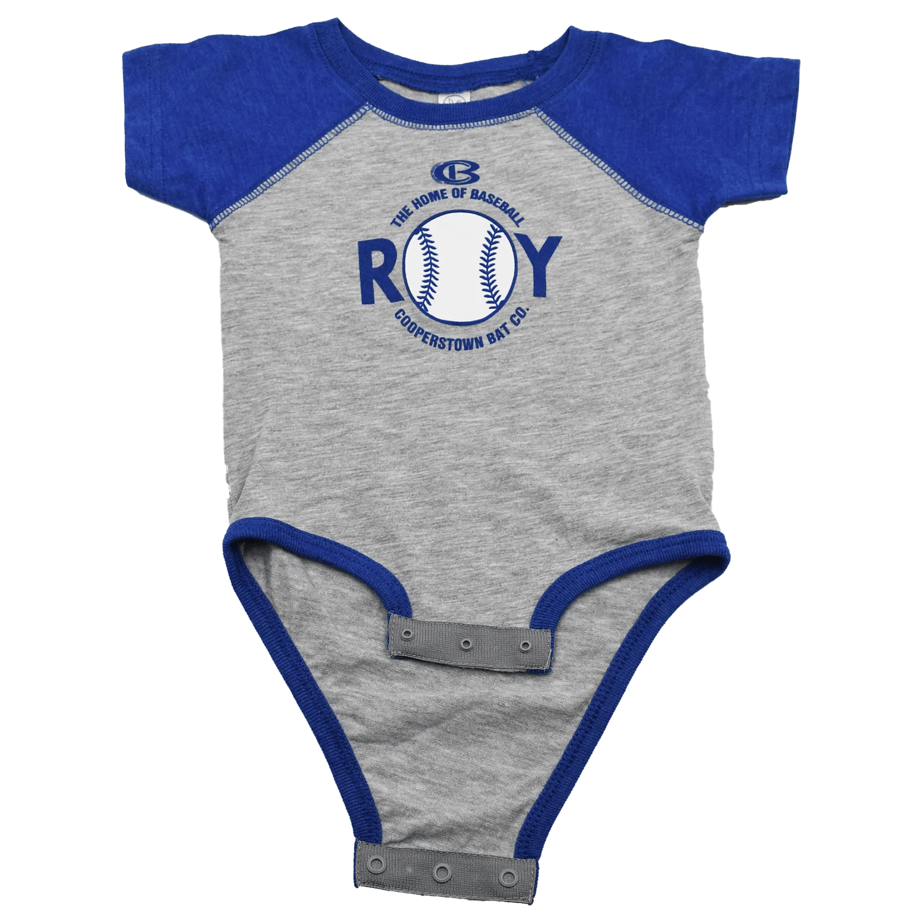 Gray and blue baseball-themed Rookie of the Year baby onesie