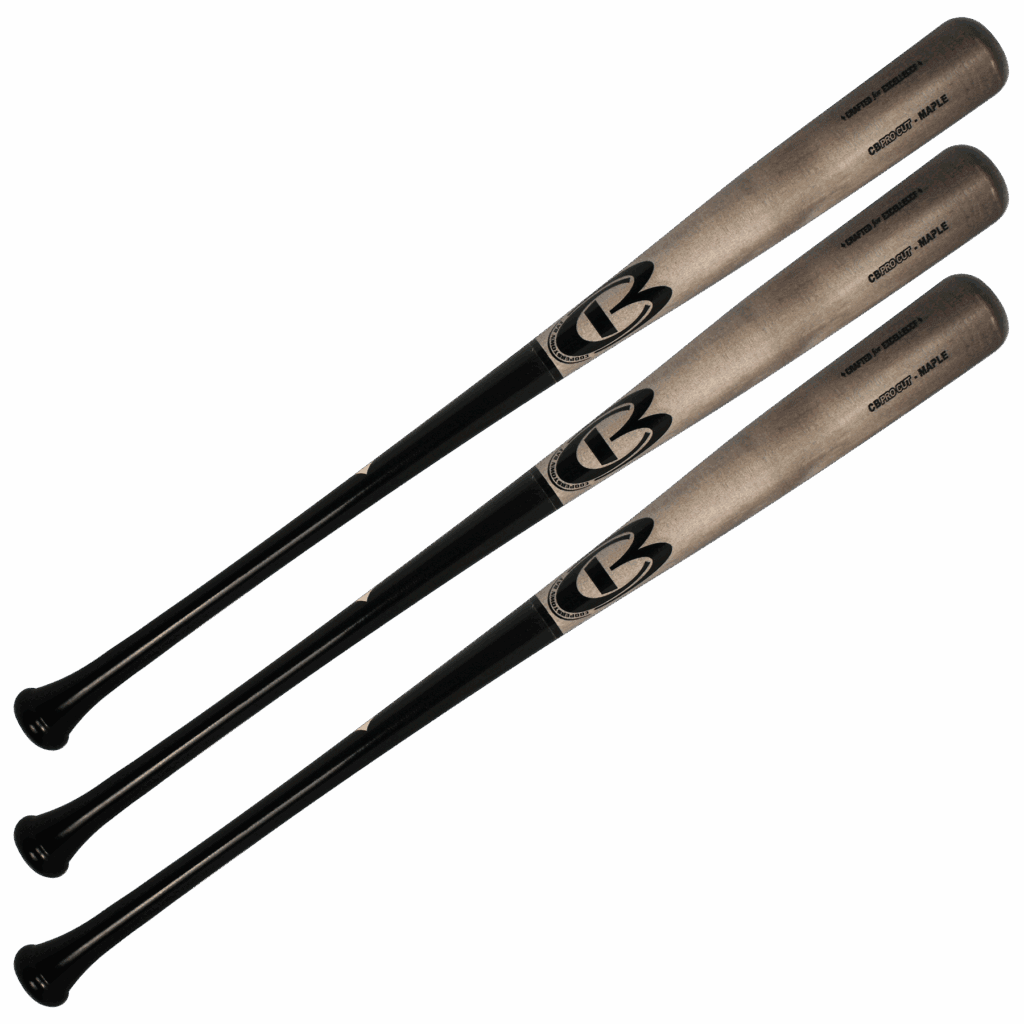 Three maple baseball bats stacked diagonally.