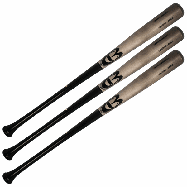 Three maple baseball bats stacked diagonally.