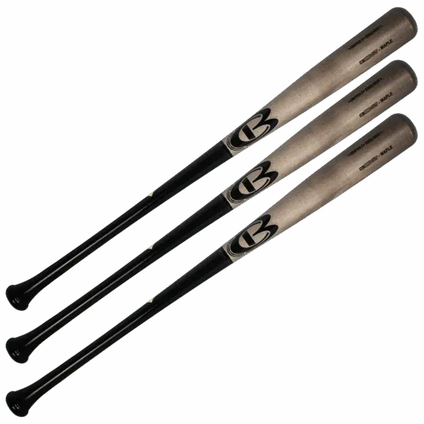 Three maple baseball bats stacked diagonally.