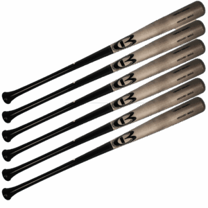 Five wooden baseball bats stacked diagonally.