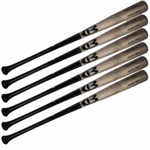 Five wooden baseball bats stacked diagonally.
