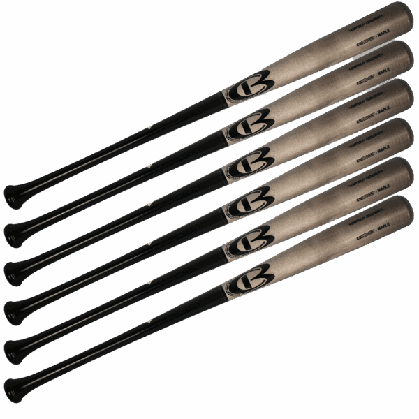 Five wooden baseball bats stacked diagonally.