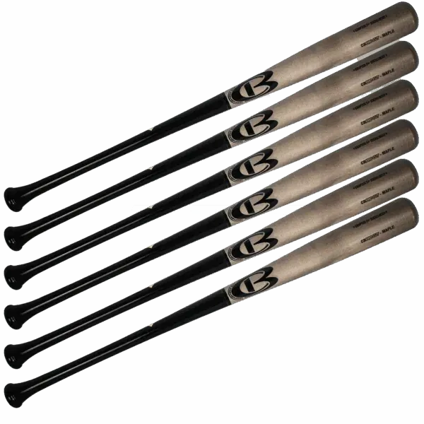 Five wooden baseball bats stacked diagonally.