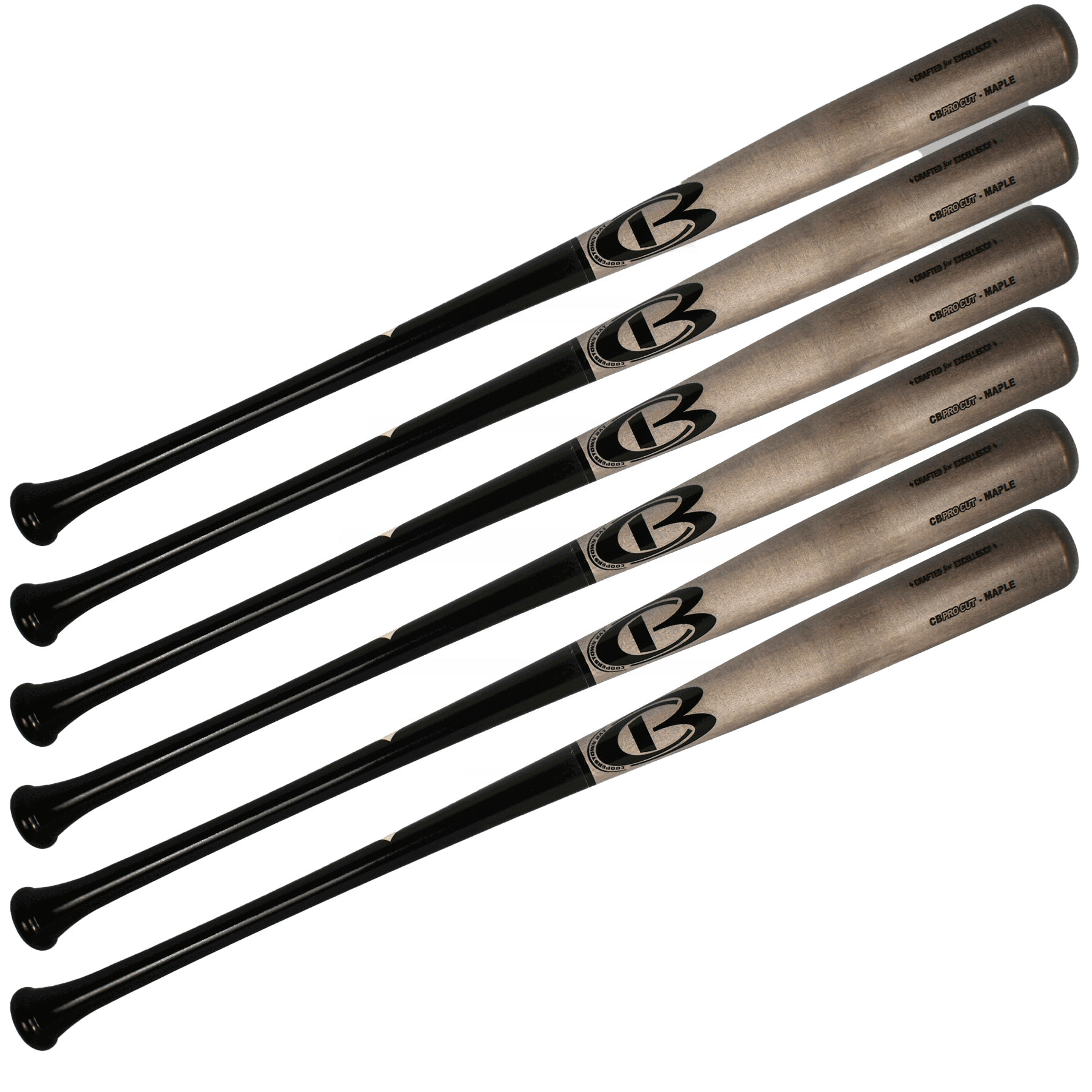 Five wooden baseball bats stacked diagonally.