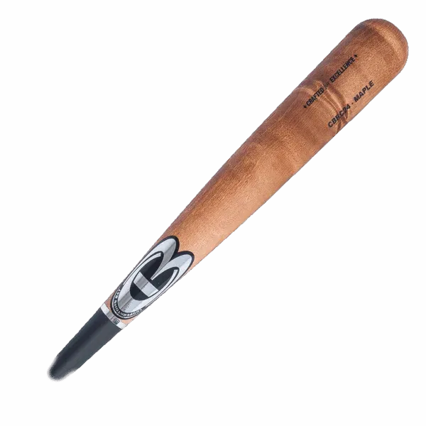Wooden baseball bat with logo.