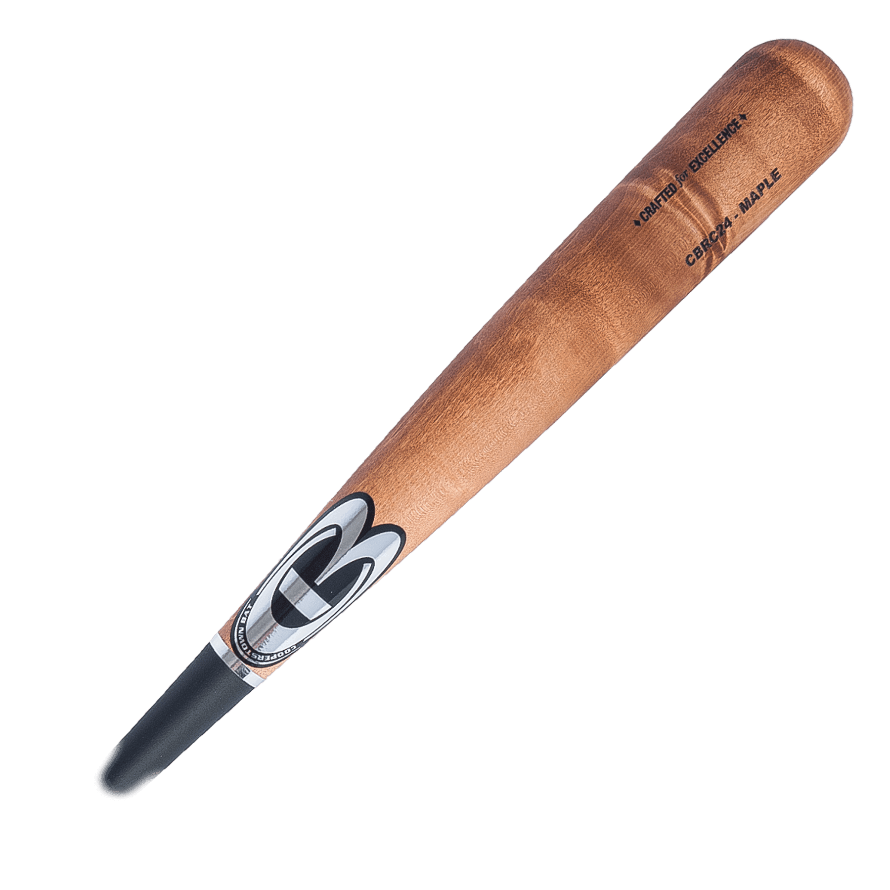 Wooden baseball bat with logo.