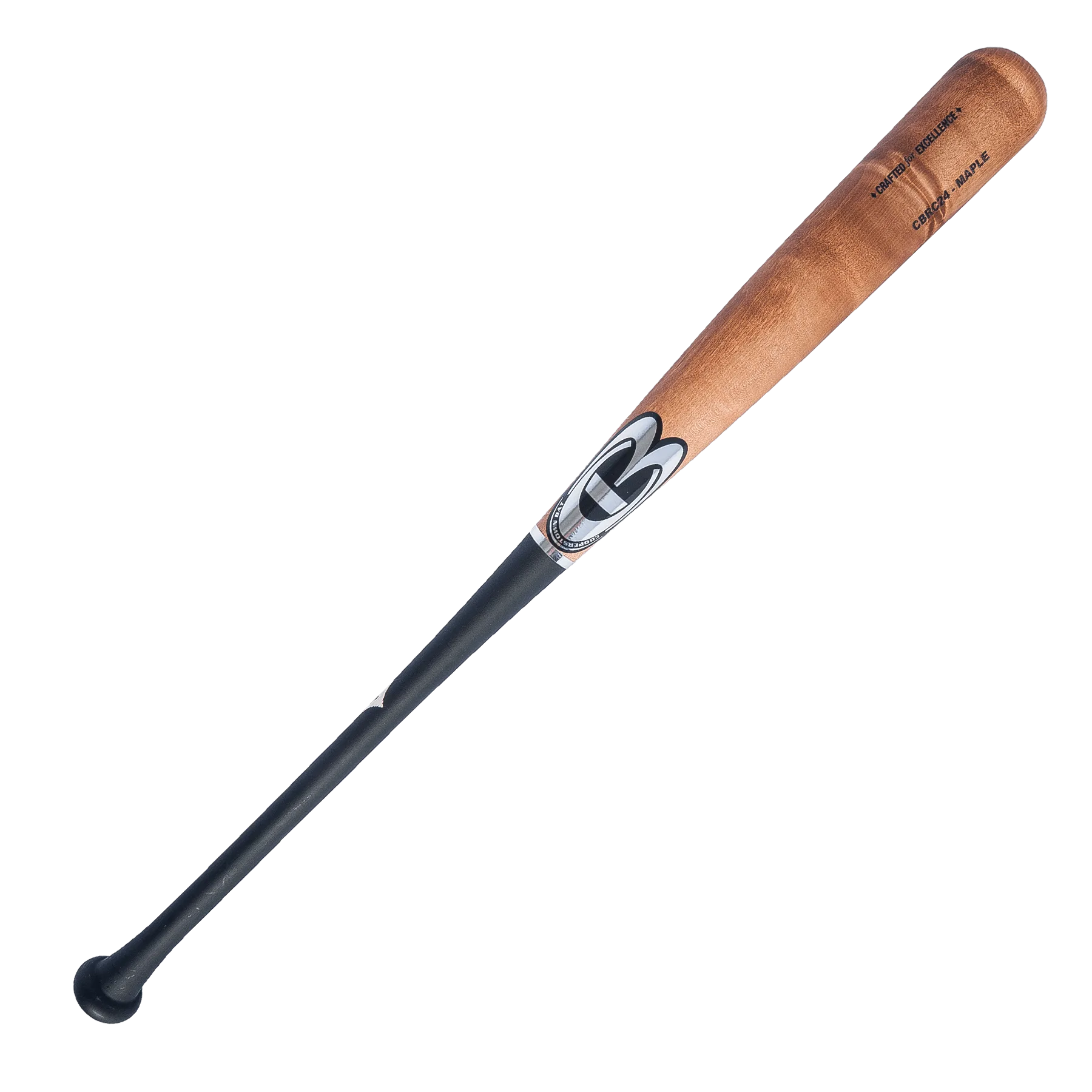 Wooden baseball bat with logo.