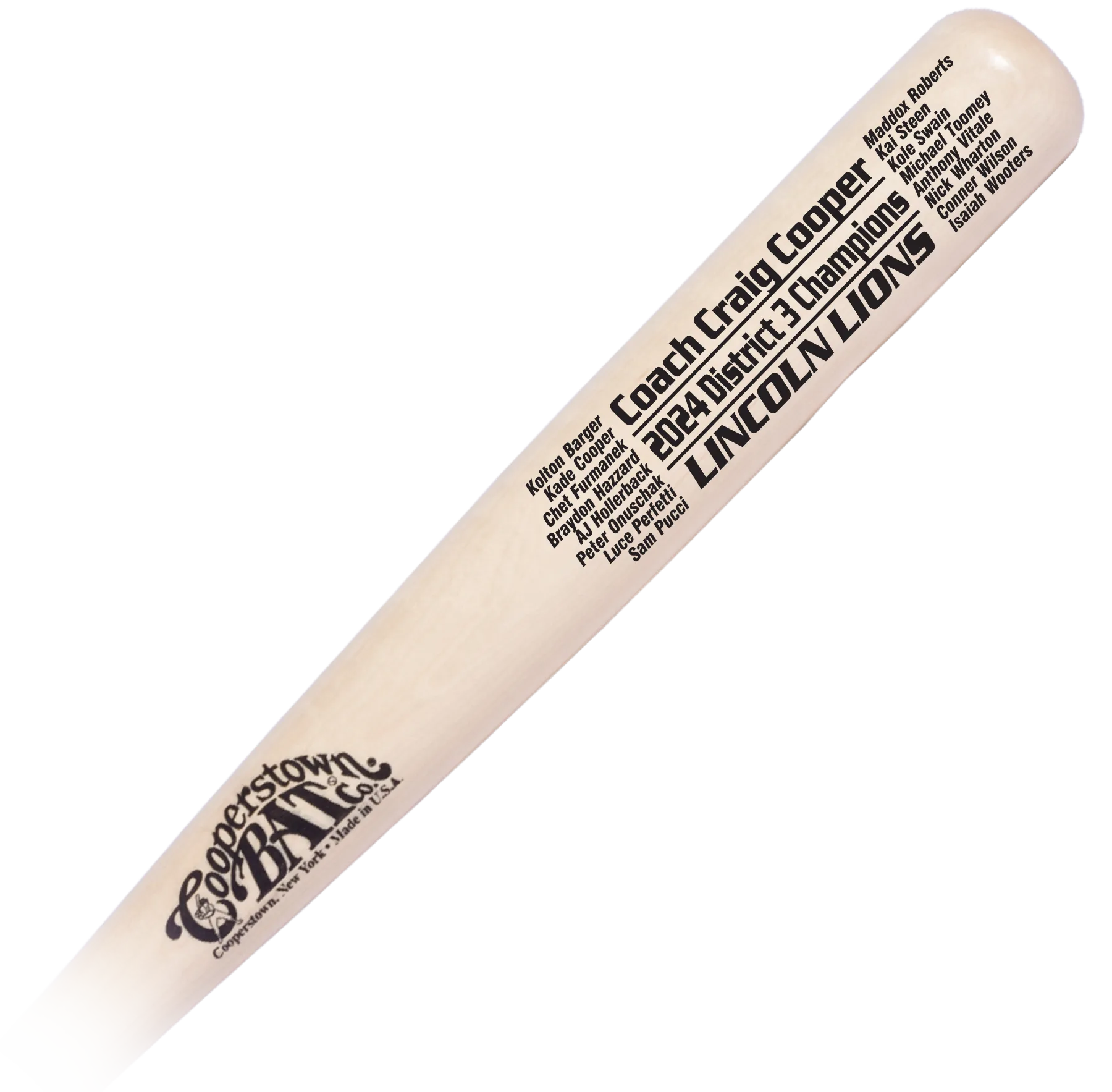 Custom engraved Cooperstown Bat personalized with 3 lines and team roster