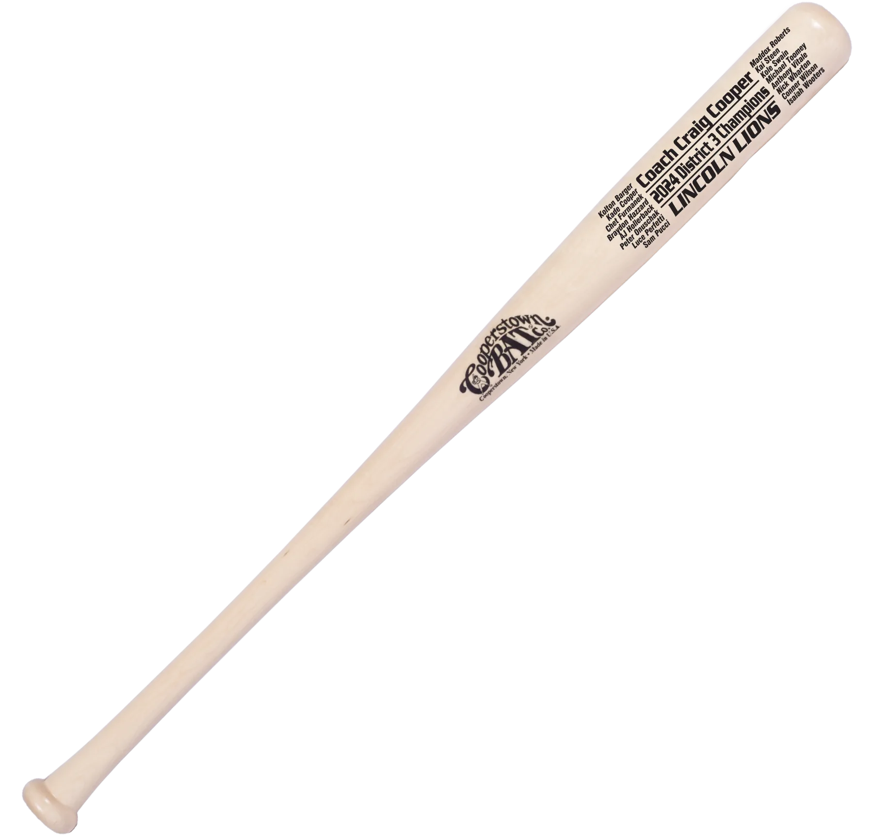 Custom engraved Cooperstown Bat personalized with 3 lines and team roster