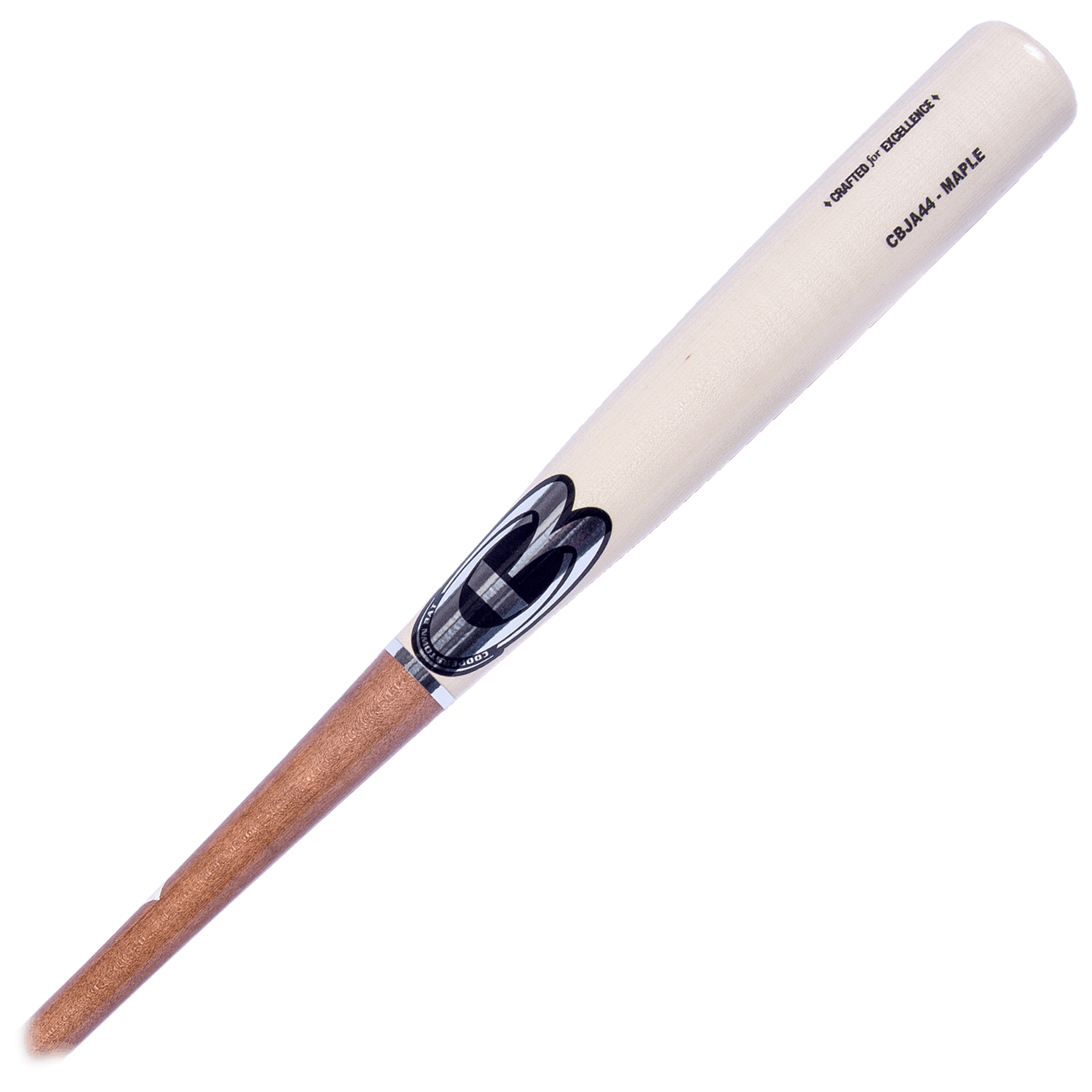 Wooden baseball bat with label