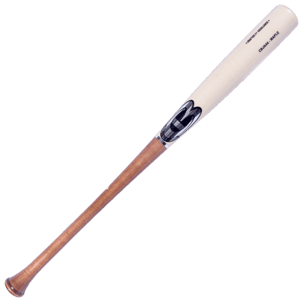 Wooden baseball bat with label
