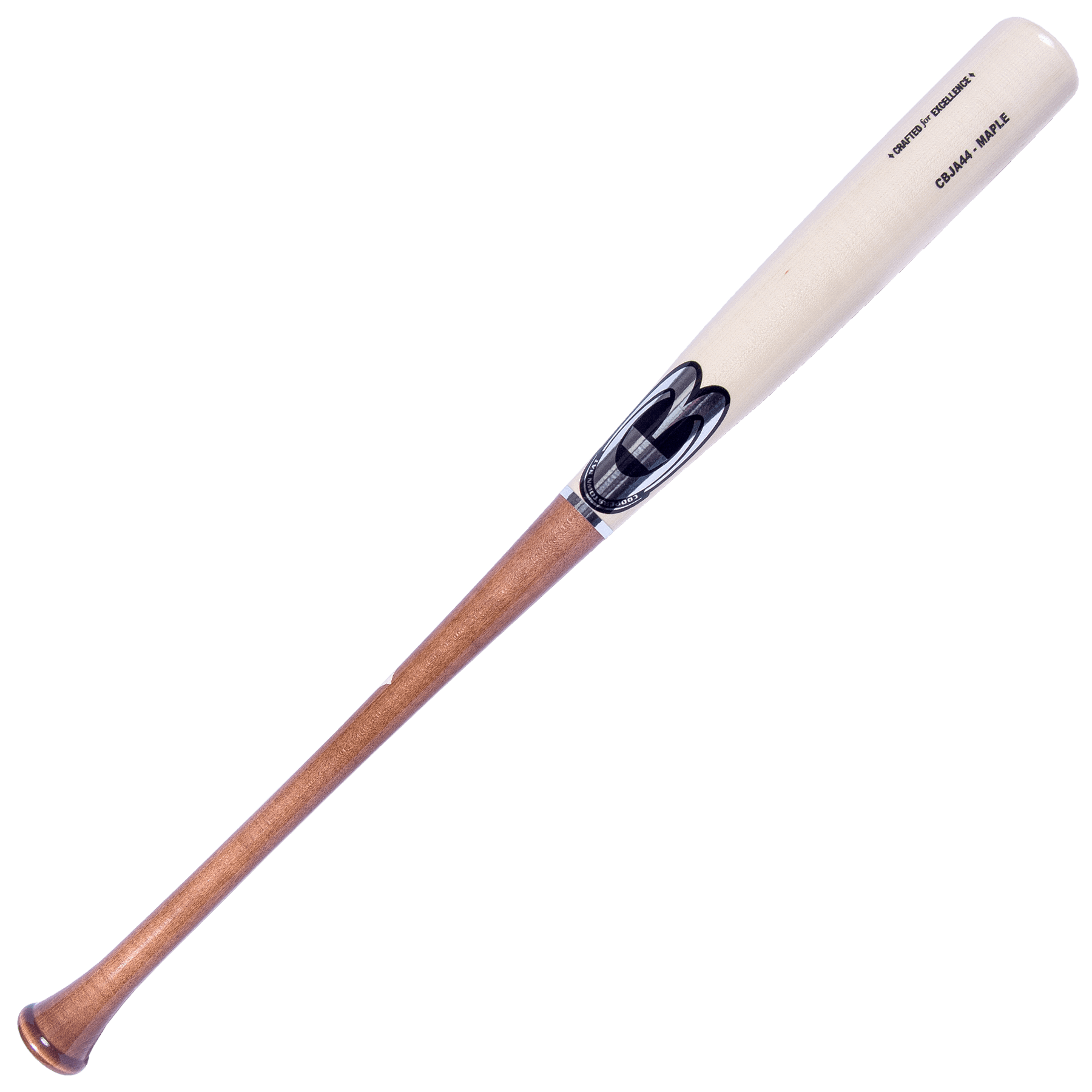 Wooden baseball bat with label