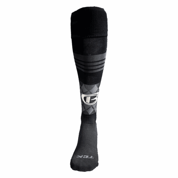 Black athletic sock with logo design.