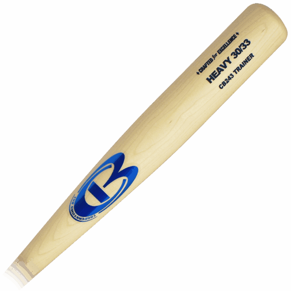 Wooden baseball bat with blue logo.