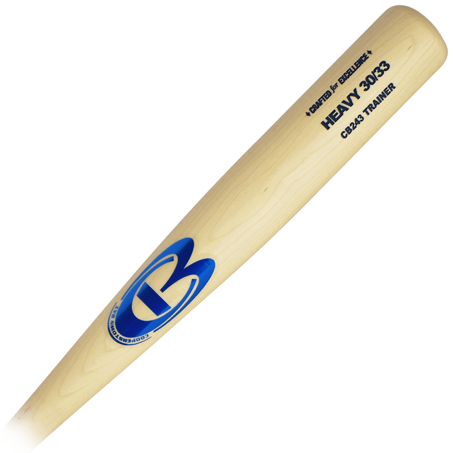 Wooden baseball bat with blue logo