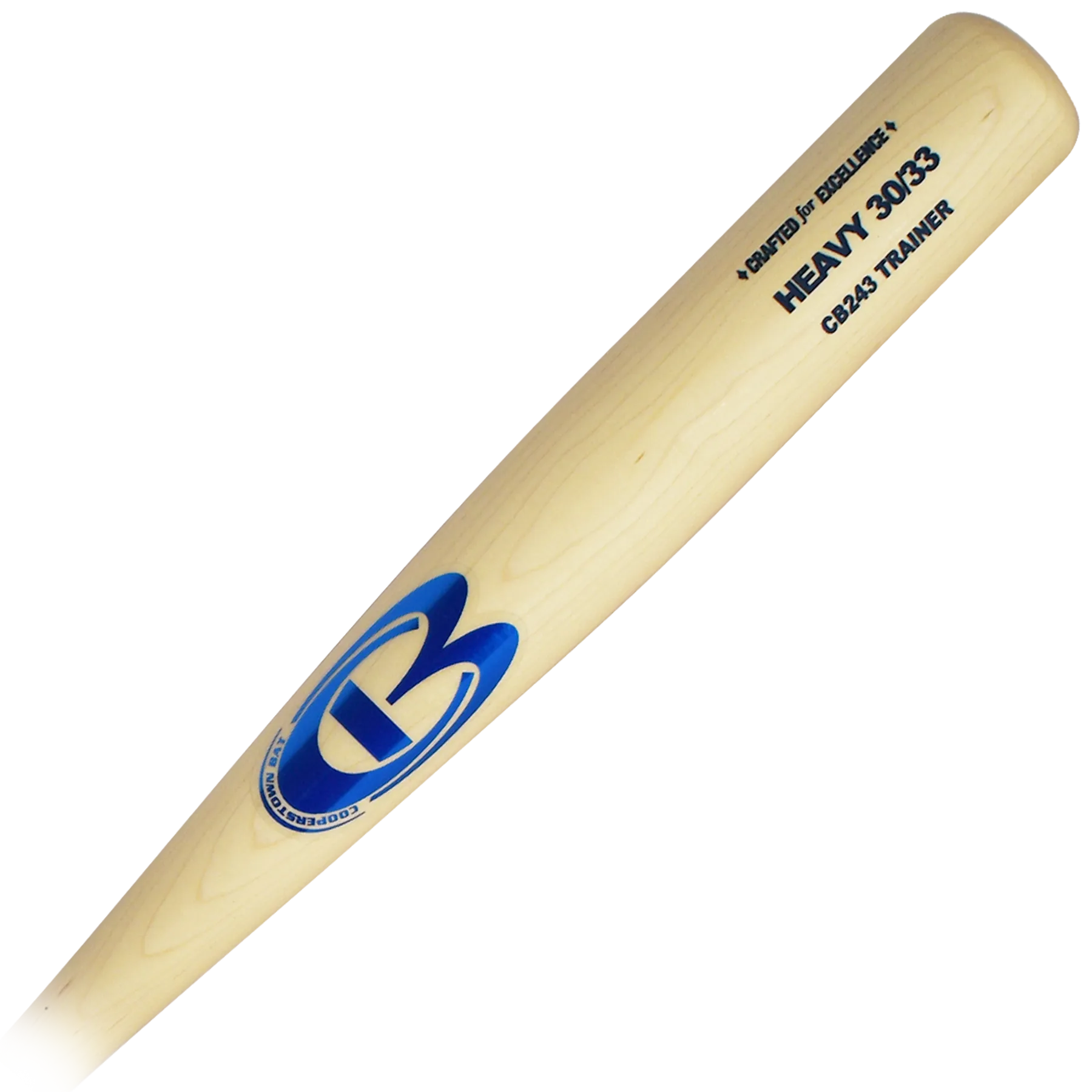 Wooden baseball bat with blue logo.