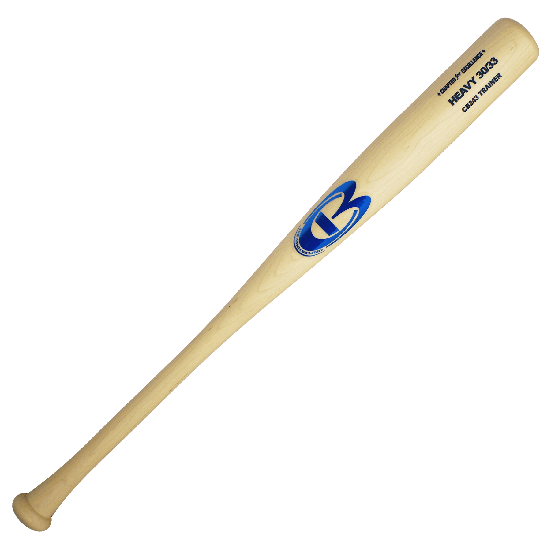 Wooden baseball bat with blue logo