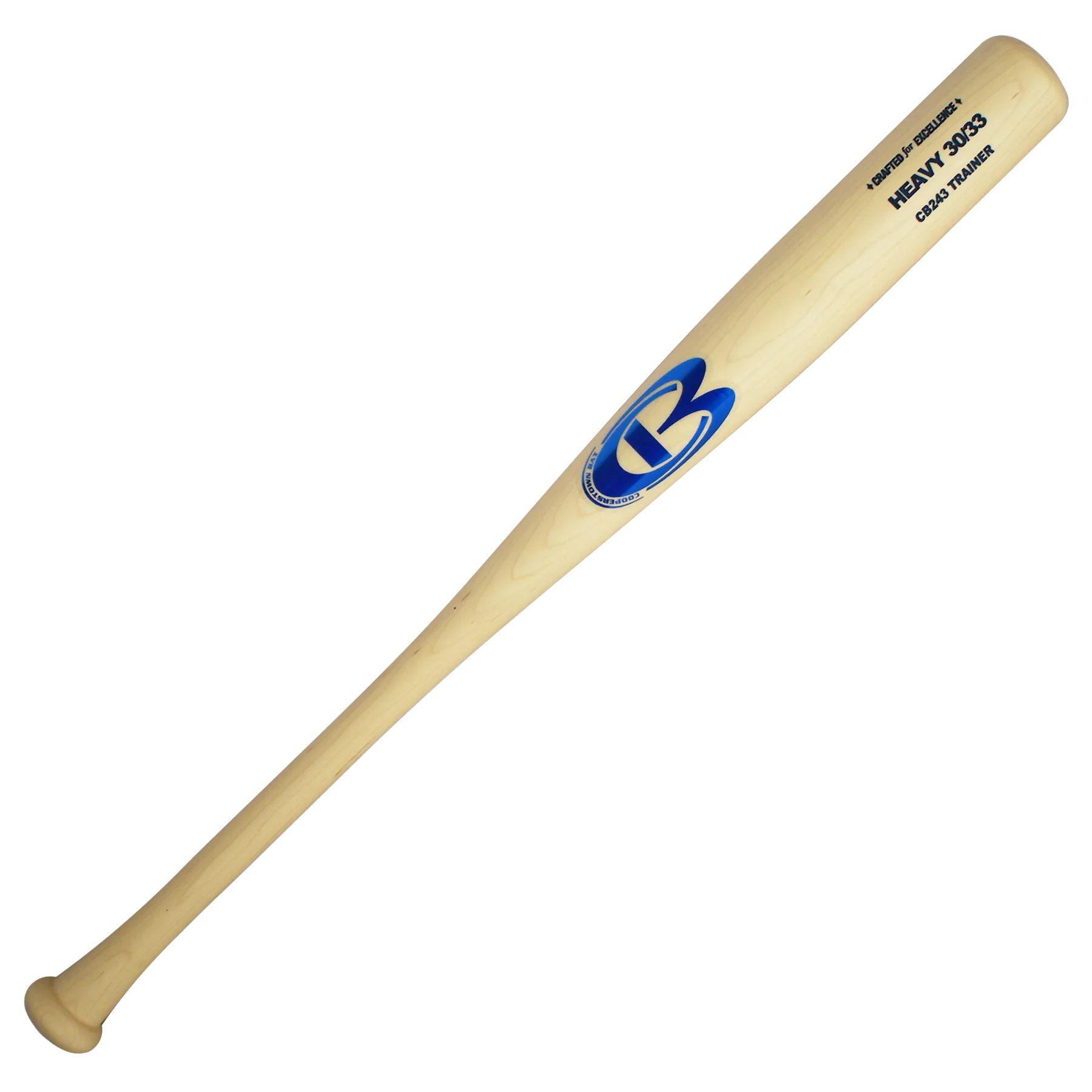 Wooden baseball bat with blue logo