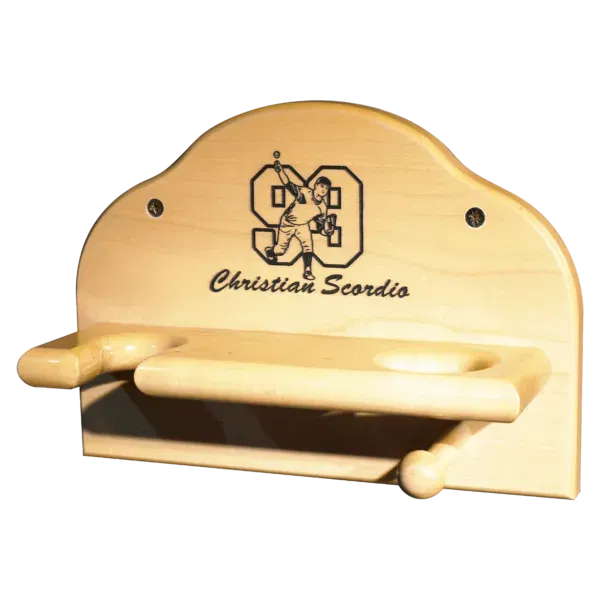 Wooden Ball, Bat, and Glove display rack with name, number, and player art made by Cooperstown Bat Company