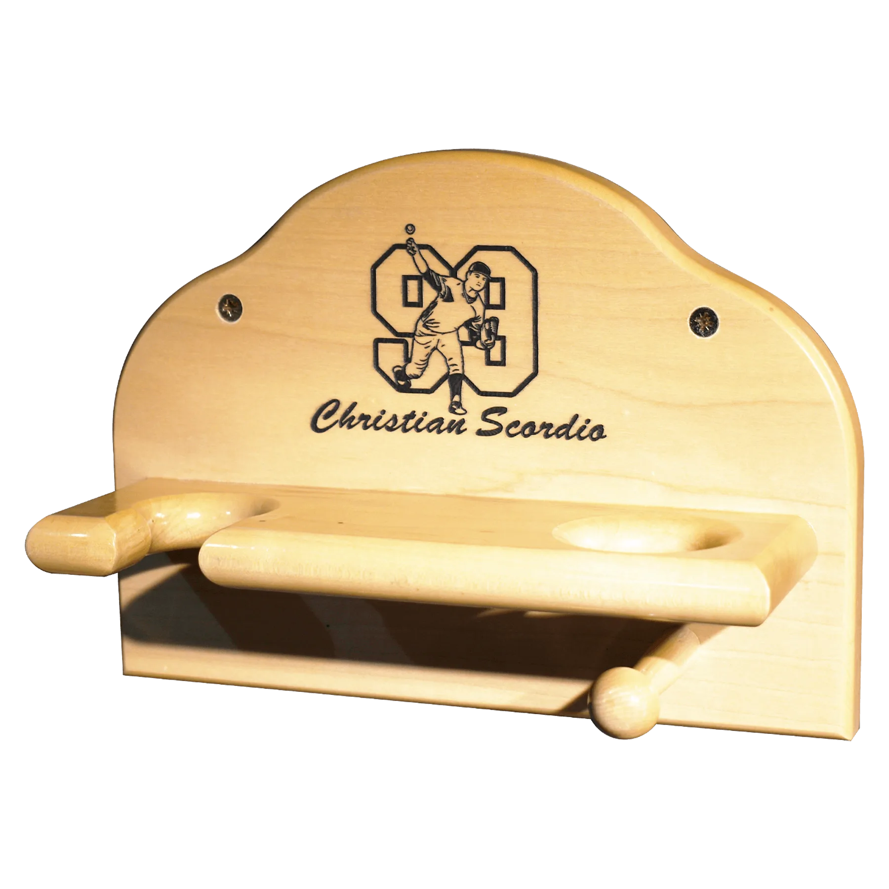 Wooden Ball, Bat, and Glove display rack with name, number, and player art made by Cooperstown Bat Company