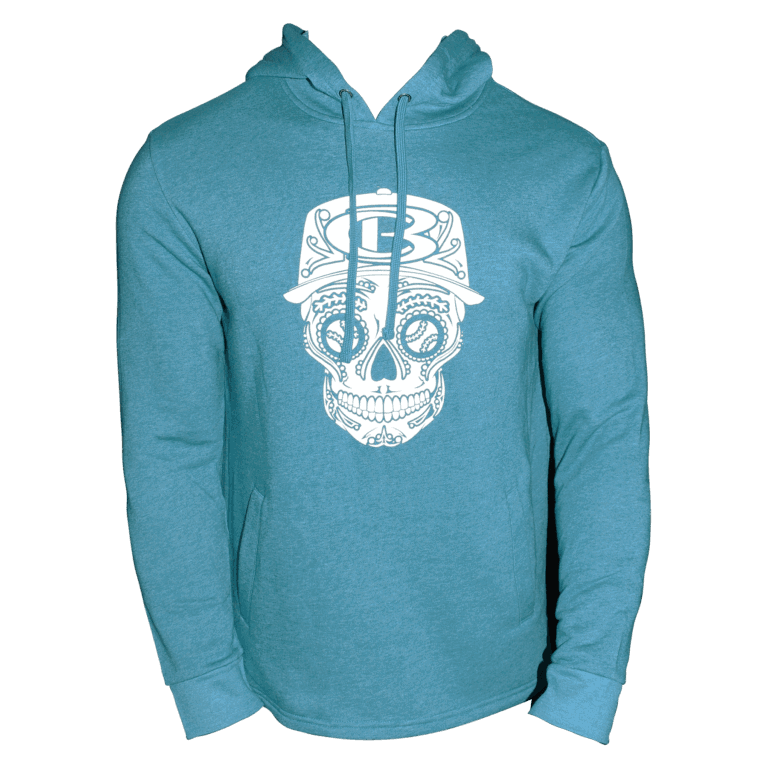 Teal hoodie with Cooperstown Bat Sugar Skull design on front.