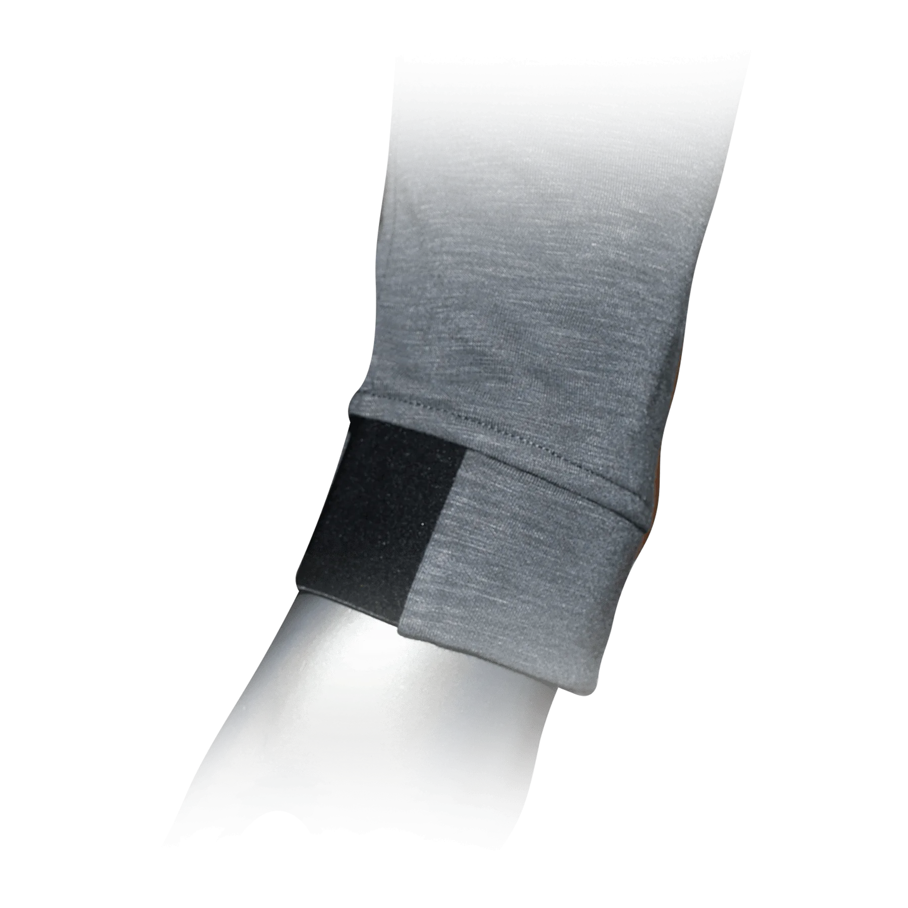 Gray sleeve on a metallic prosthetic leg.