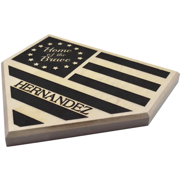 Custom Engraved Wooden Home of the Brave Home Plate plaque featuring personalization and Stars & Stripes