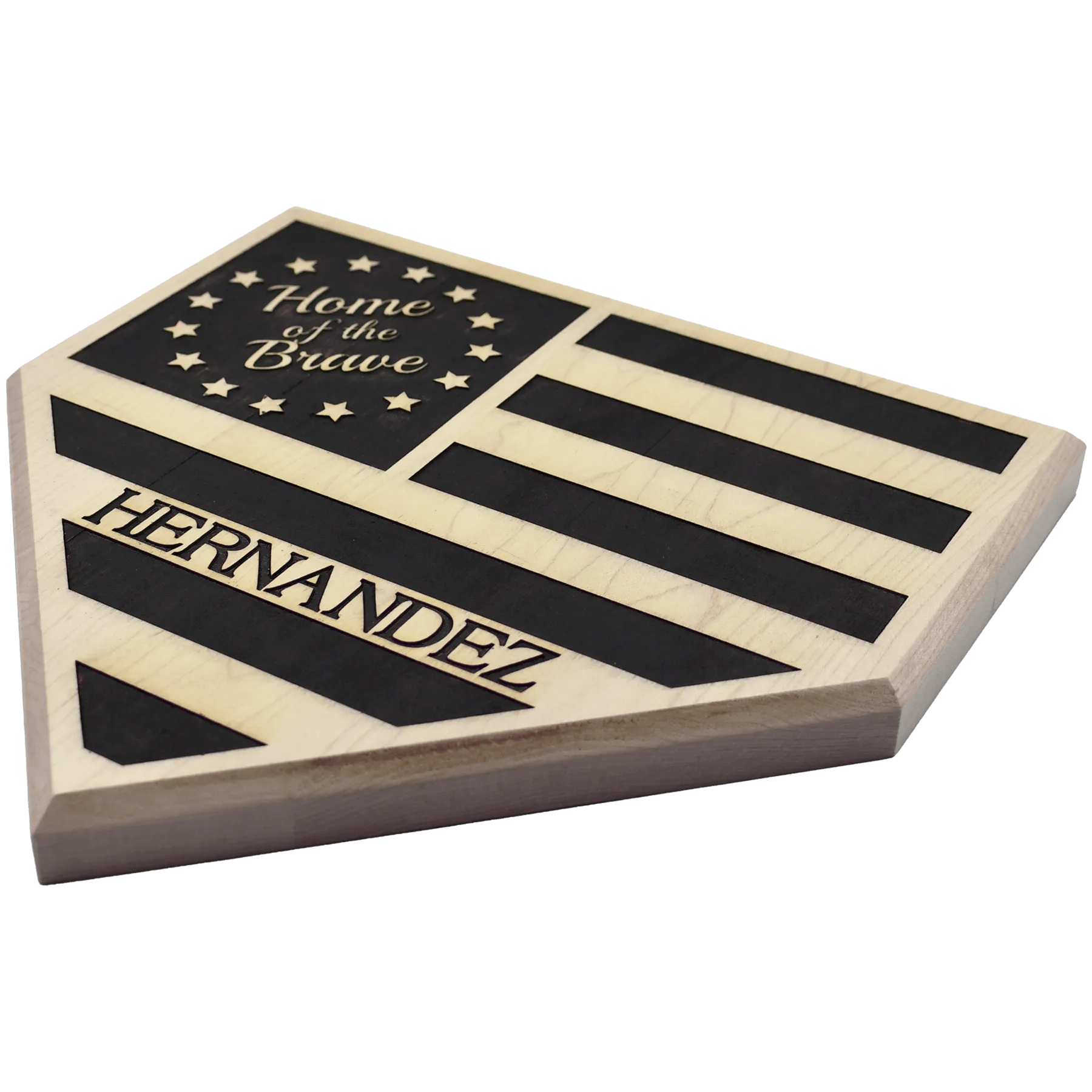 Custom Engraved Wooden Home of the Brave Home Plate plaque featuring personalization and Stars & Stripes