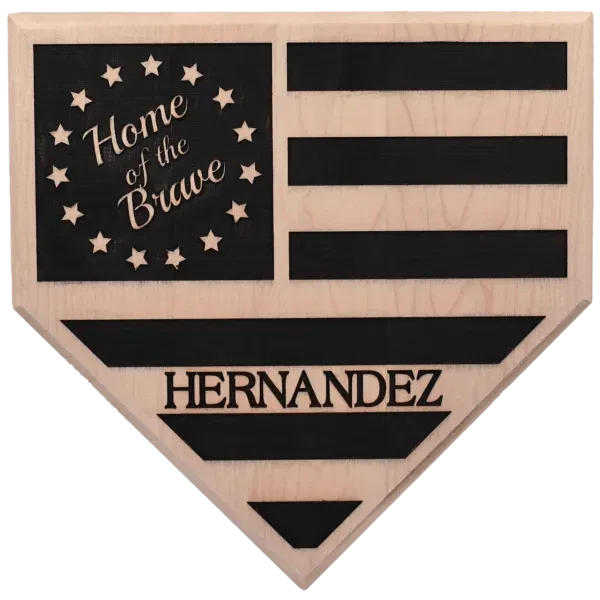 Custom Engraved Wooden Home of the Brave Home Plate plaque featuring personalization and Stars & Stripes