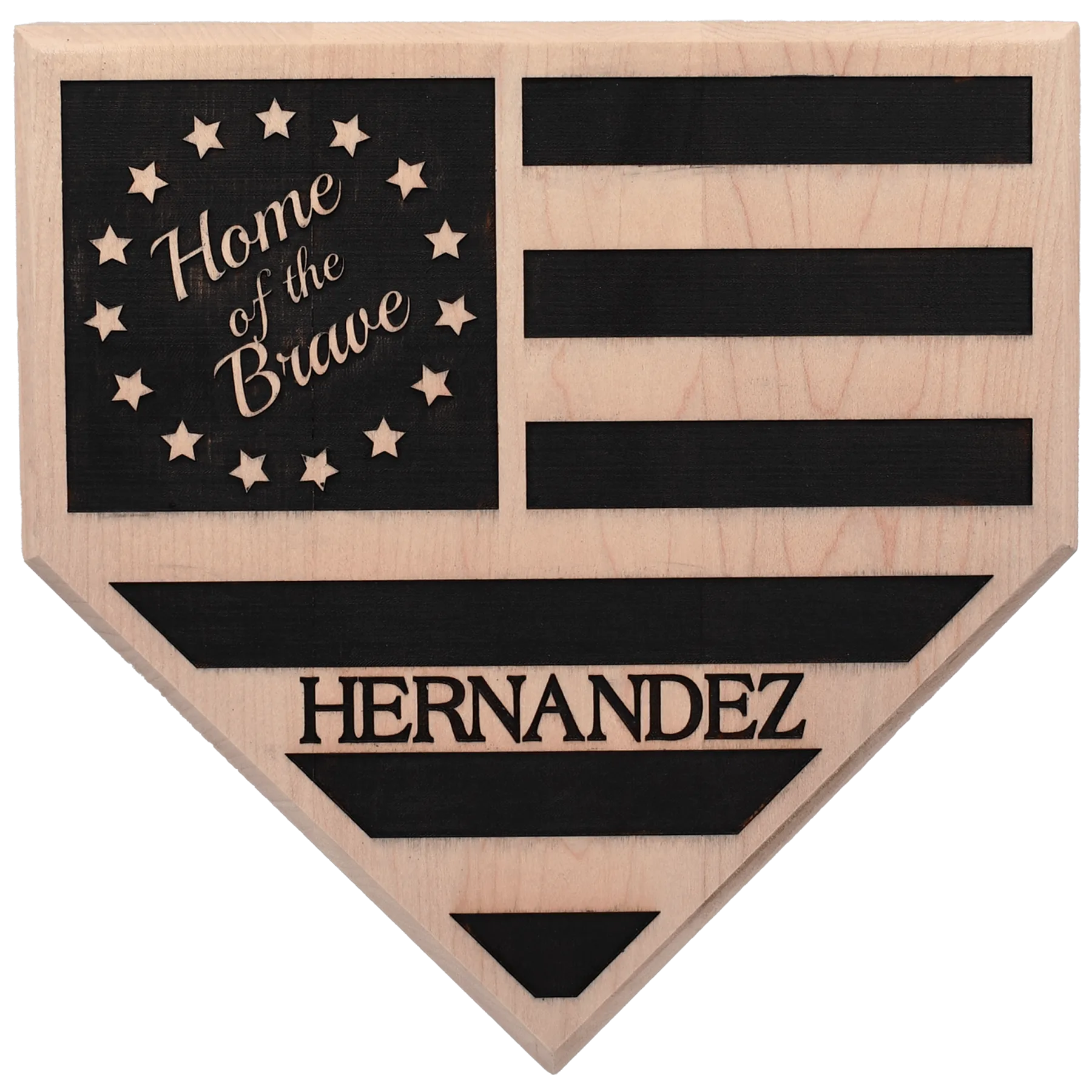Custom Engraved Wooden Home of the Brave Home Plate plaque featuring personalization and Stars & Stripes
