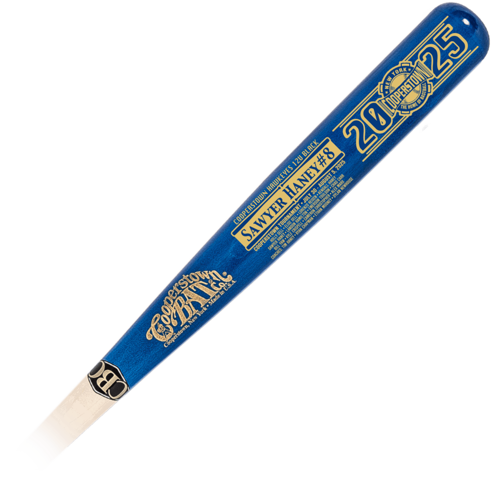 Blue baseball bat with gold lettering, Custom design.