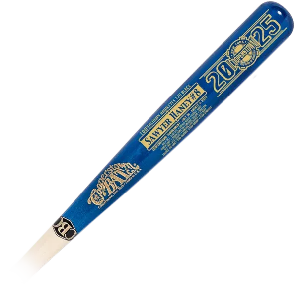 Blue baseball bat with gold lettering, Custom design.