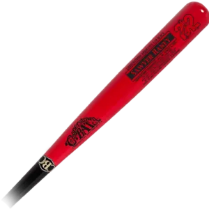 Red baseball bat with black handle.