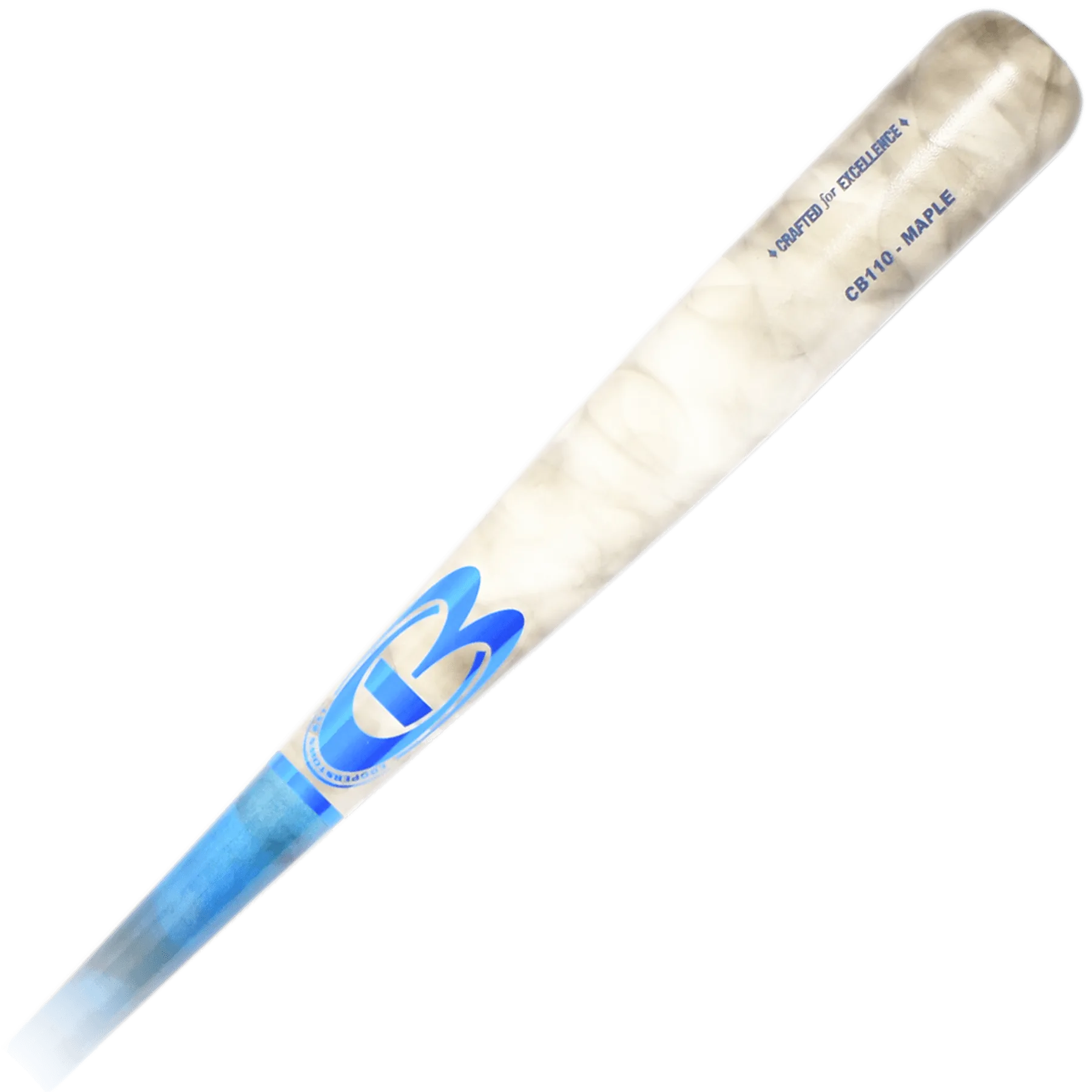 Maple baseball bat with blue logo design.
