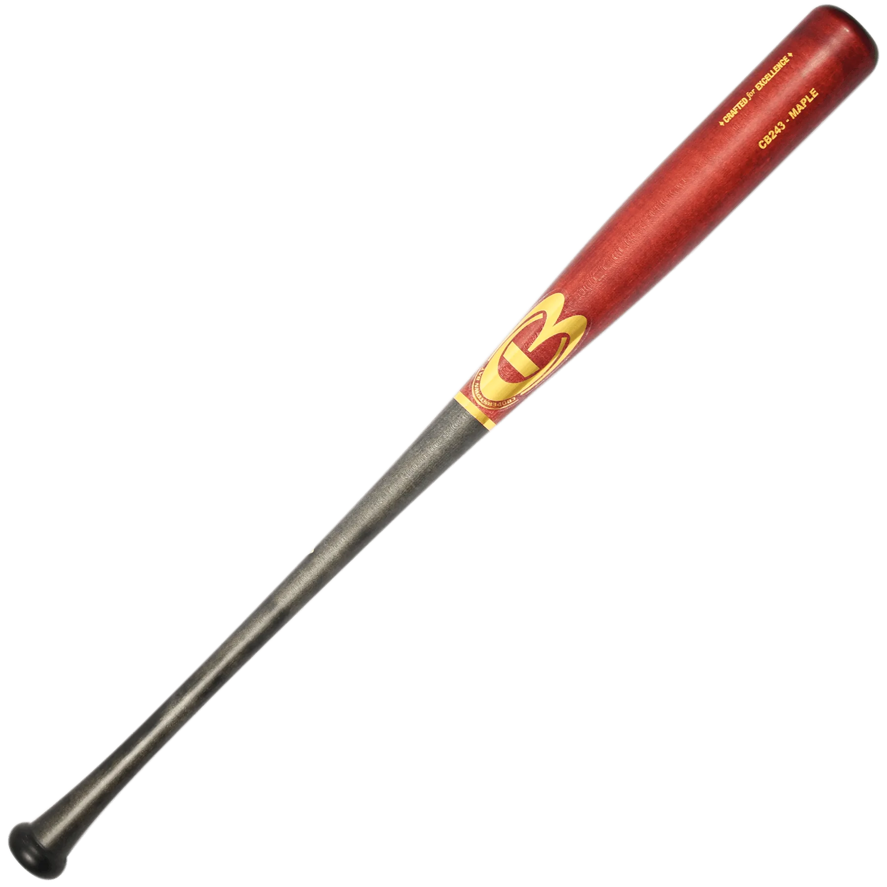 Wooden baseball bat with logo and text engraving.