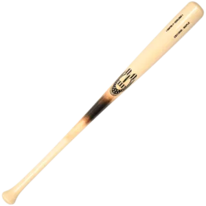 Wooden baseball bat with logo and inscriptions.