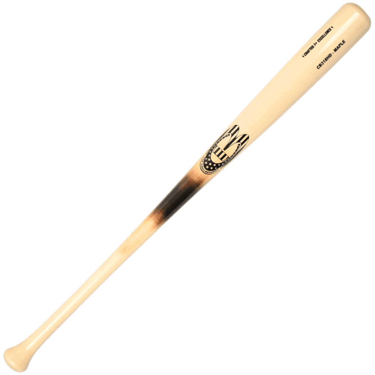 Wooden baseball bat with logo and inscriptions.