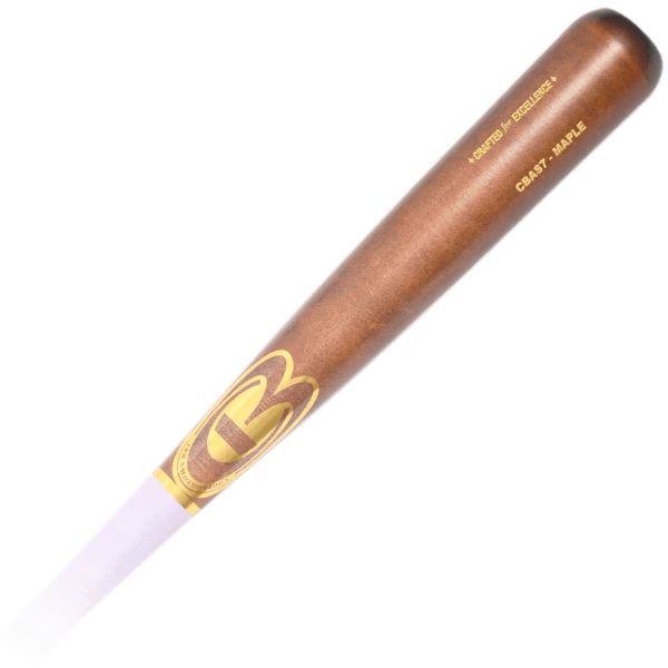 Wooden baseball bat with logo and inscription.