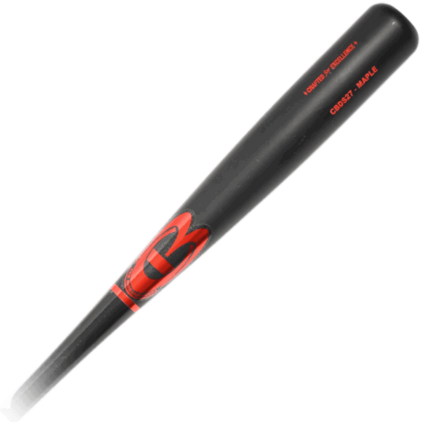 Black maple baseball bat with red logo design.