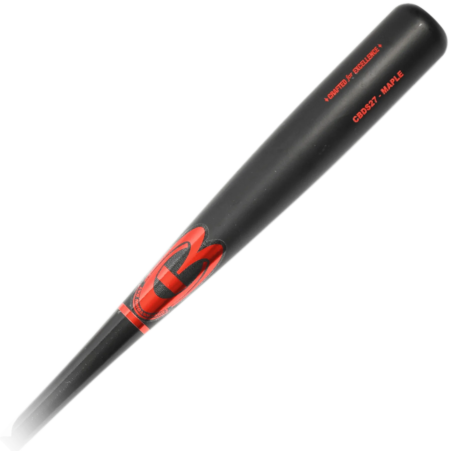 Black maple baseball bat with red logo design.