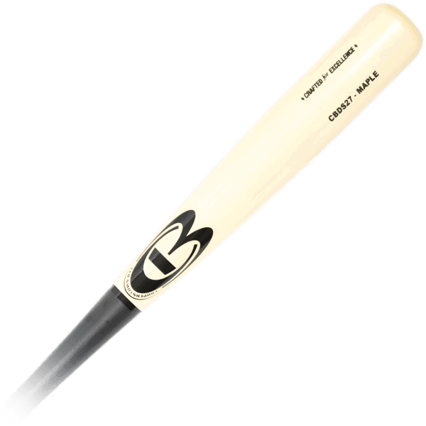 Wooden baseball bat with black handle.