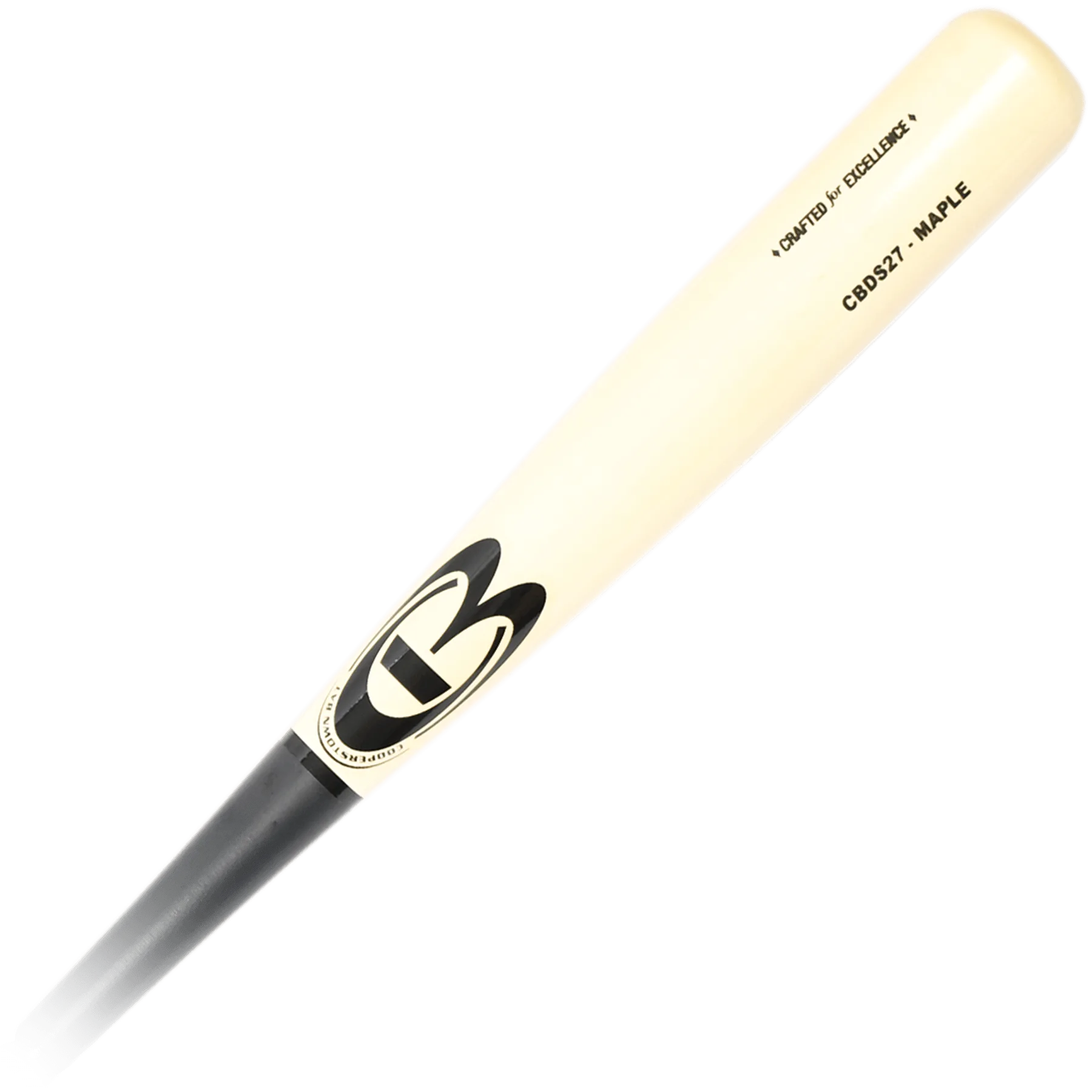 Wooden baseball bat with black handle.