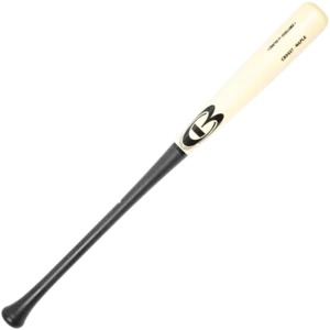 Wooden baseball bat with black handle and logo.