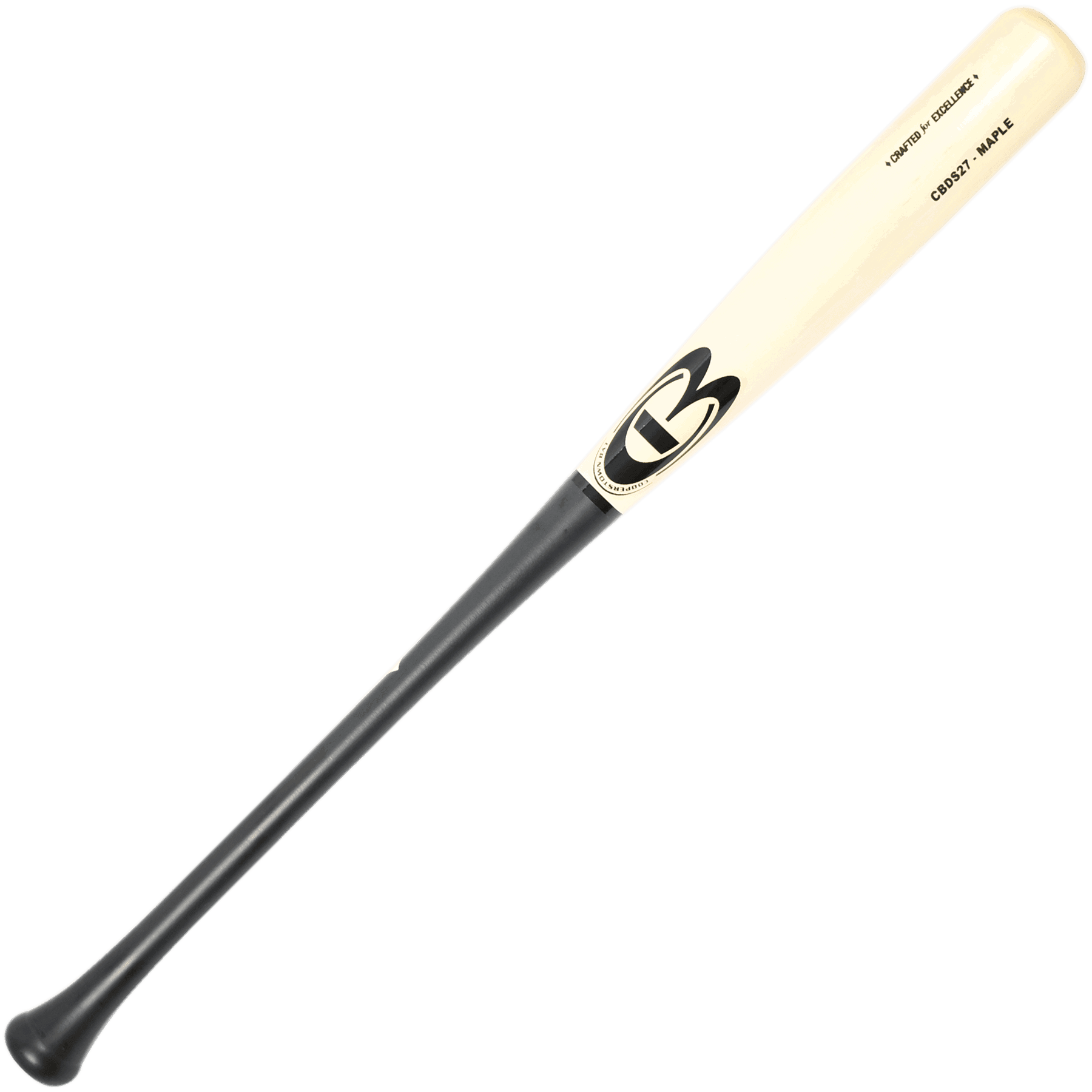 Wooden baseball bat with black handle and logo.